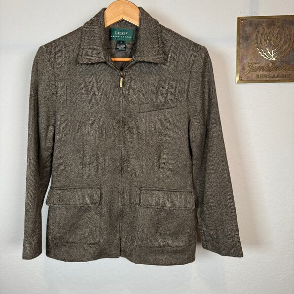 Women's Lauren Ralph Lauren Brown Herringbone 100% Wool Zip Front Jacket Sz 6 - Picture 11 of 13